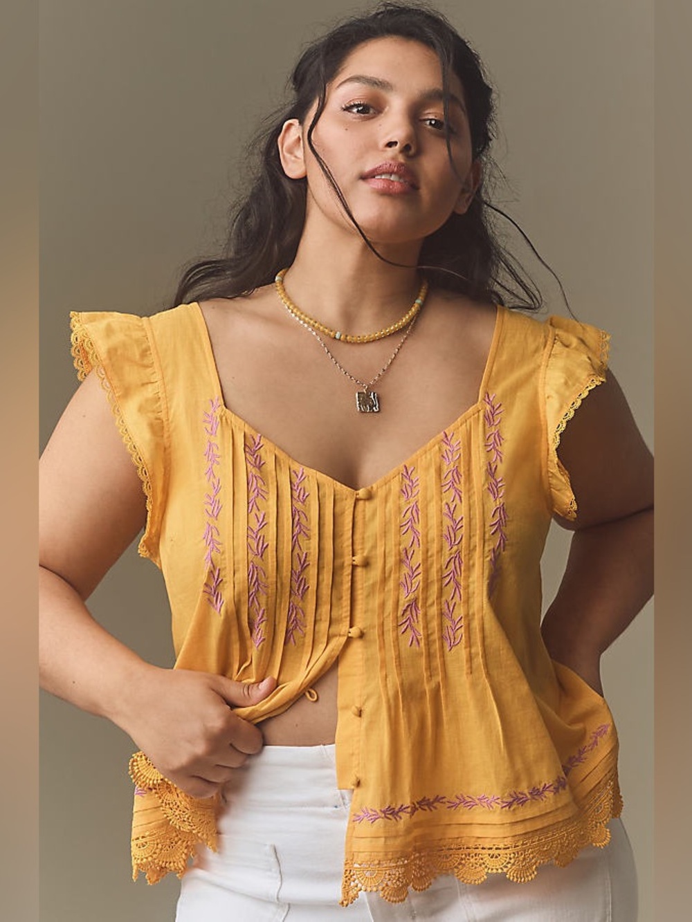 Maeve Flutter-Sleeve Pintuck Top
